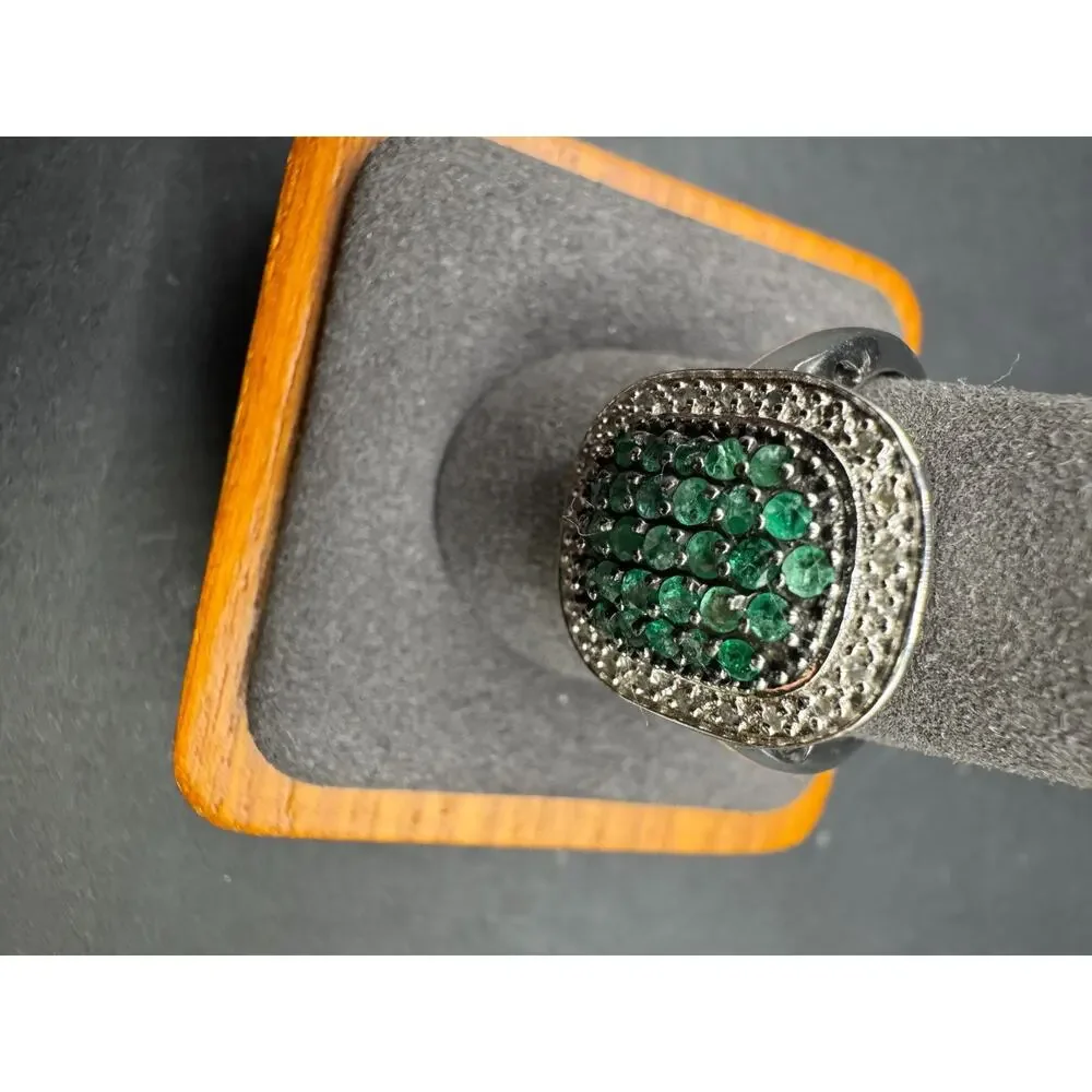 Vintage MDJ 925 Sterling Silver Emerald Stone Cluster Ring Cushion Halo Size 10